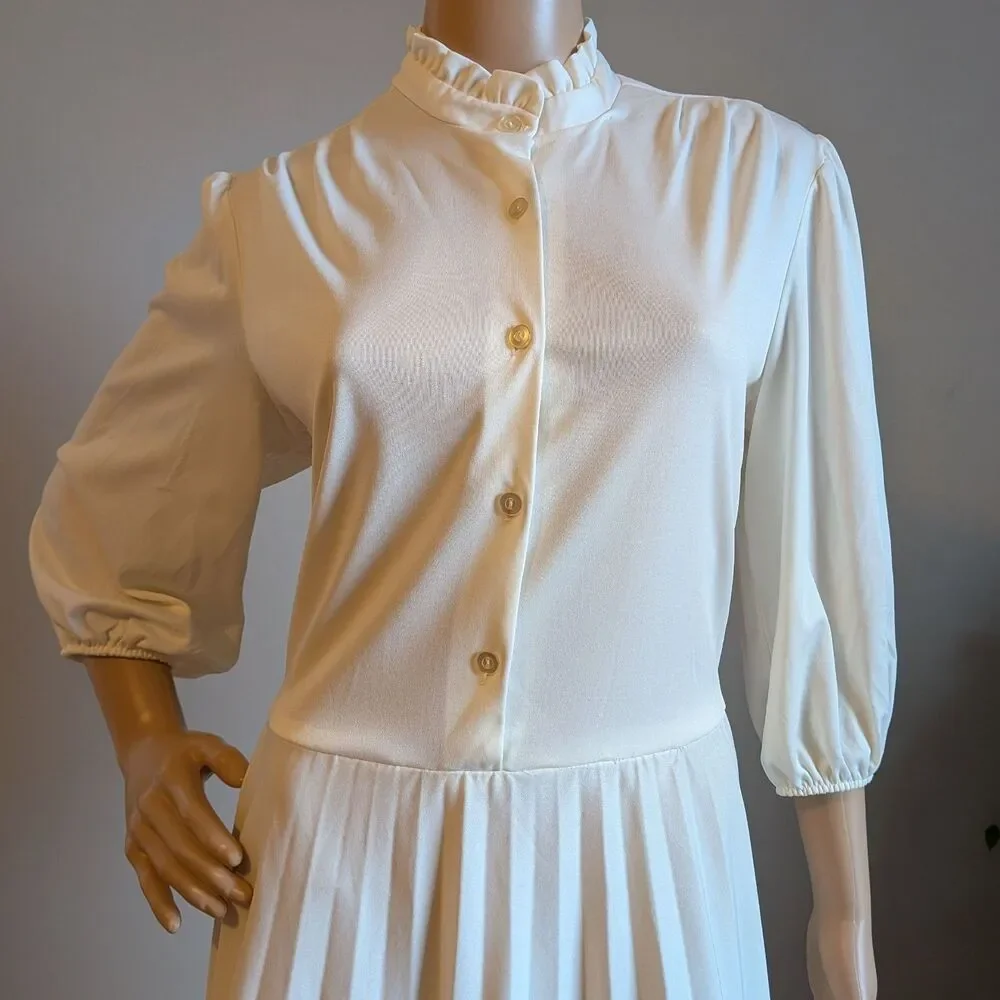 Vintage 80s White Midi Dress High Neck Button Front Victorian Pleated Size 12